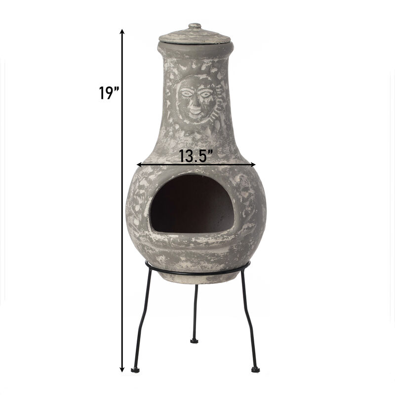 Outdoor Clay Chiminea Fireplace Sun Design Wood Burning Fire Pit with Sturdy Metal Stand, Barbecue, Cocktail Party, Cozy Nights Fire Pit, Terra Cotta