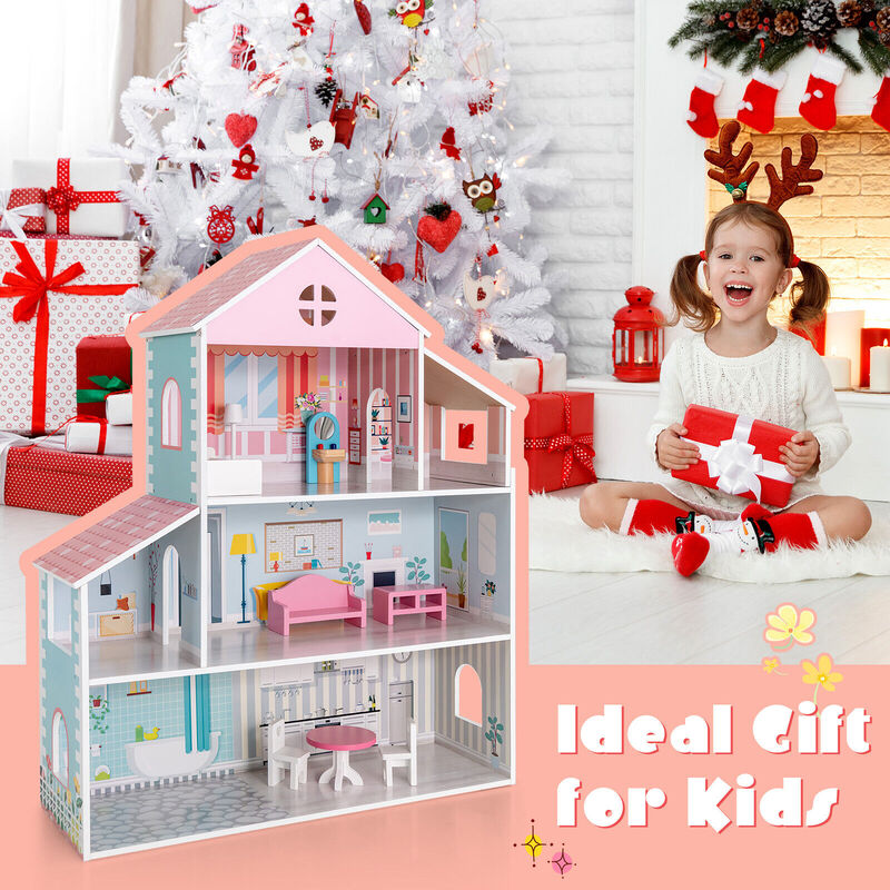 3-Tier Toddler Doll House with Furniture Gift for Age over 3 image number 4