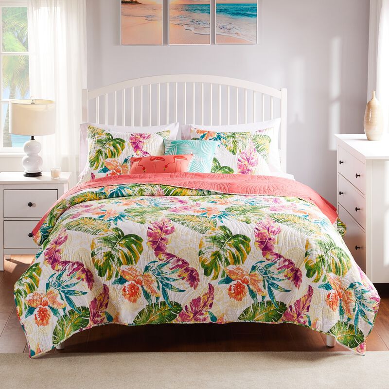 Greenland Home Fashions Tropics Quilt and Pillow Sham Set - Twin 68x88", Coral