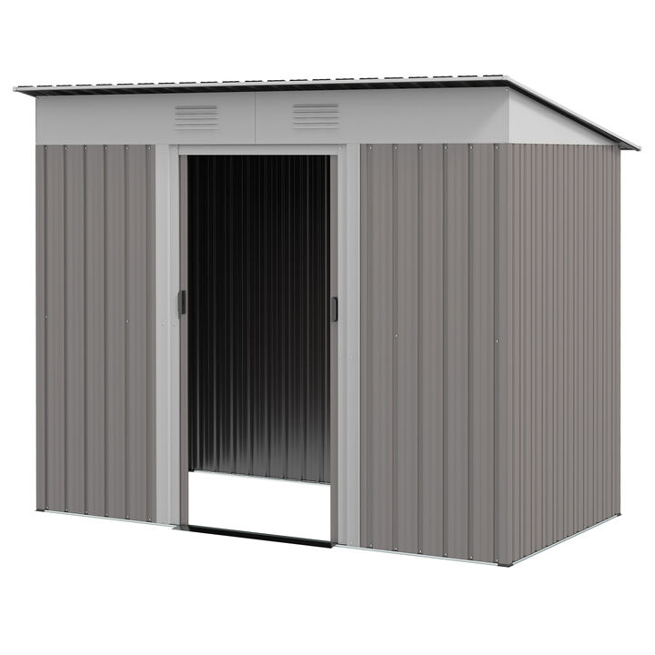 Outsunny 8' x 4' Metal Lean to Garden Shed, Outdoor Storage Shed, Garden Tool House with Double Sliding Doors, 2 Air Vents for Backyard, Patio, Lawn, Light Gray