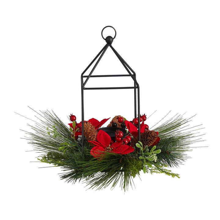 Nearly Natural 14-in Christmas Poinsettia, Berry and Pinecone Metal Candle Holder Christmas Artificial Table Arrangement
