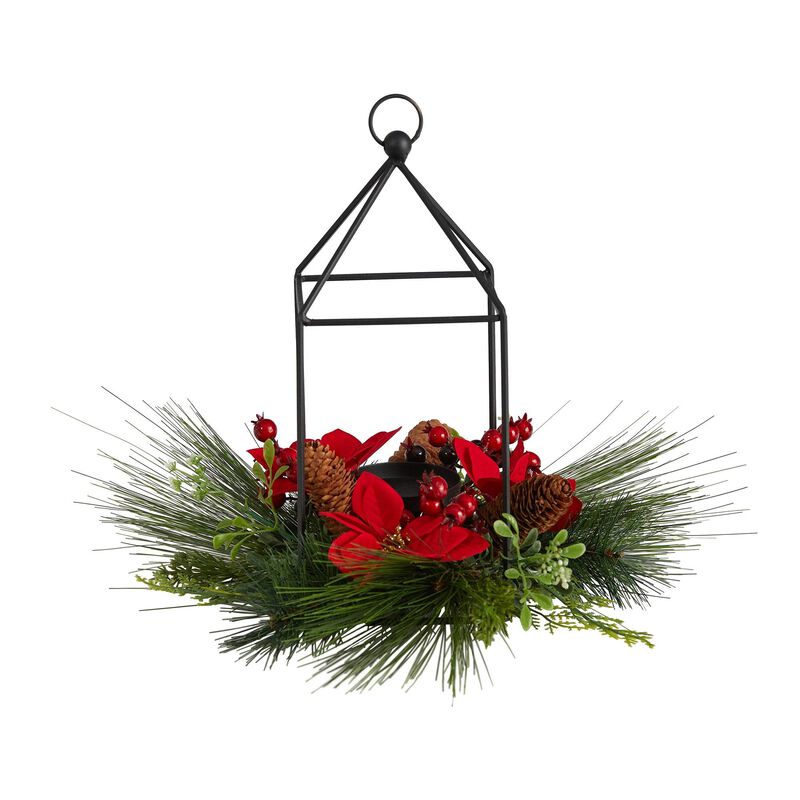 Nearly Natural 14-in Christmas Poinsettia, Berry and Pinecone Metal Candle Holder Christmas Artificial Table Arrangement image number 0