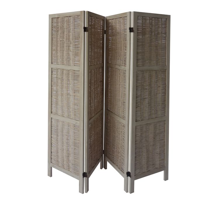 67 Inch Paulownia Wood 4 Panel Divider Screen, Woven Willow Design, Light Brown-Benzara
