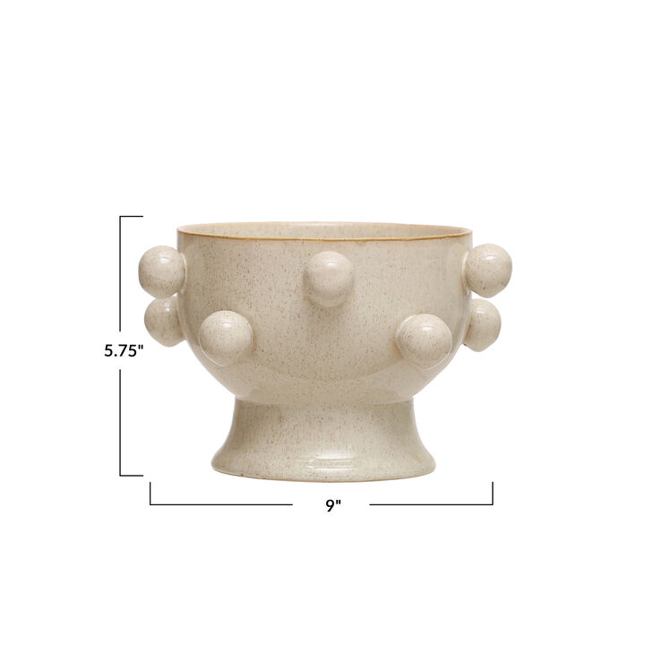 9 Inches Round Stoneware Planter with Orbs and Reactive Glaze, Holds 8 Inches Pot, Speckled Cream