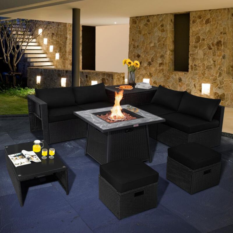 Hivvago 9 Pieces Outdoor Wicker Sectional with 35 Inch Gas Fire Pit Table