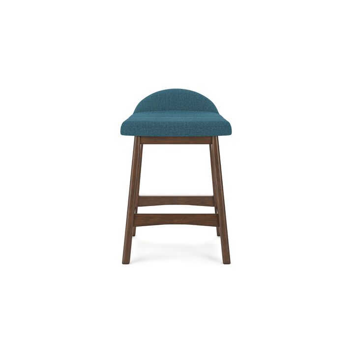 Jeyn Counter Stool with Footrest Set of 2, Brown Hardwood, Blue Seat - Benzara