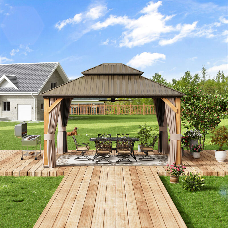 Mondawe 12 ft. x 14 ft. Brown Cedar Wood Frame Hardtop Gazebo with Galvanized Steel Double Roof, Curtains and Netting