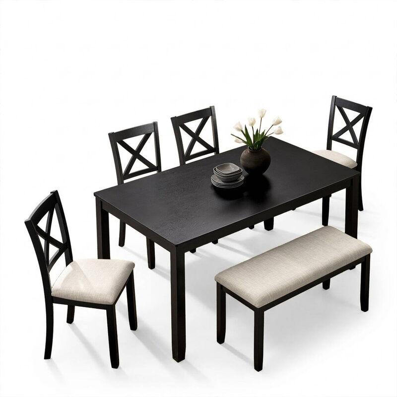 6 Piece Dining Table Set with Bench, rectangular wood dining table set for 6, farmhouse dining table set, timeless dining furniture image number 0