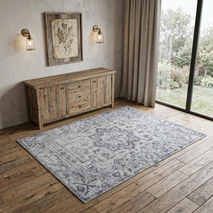 HomeRoots Floral Medallion Power Loom Distressed Area Rug