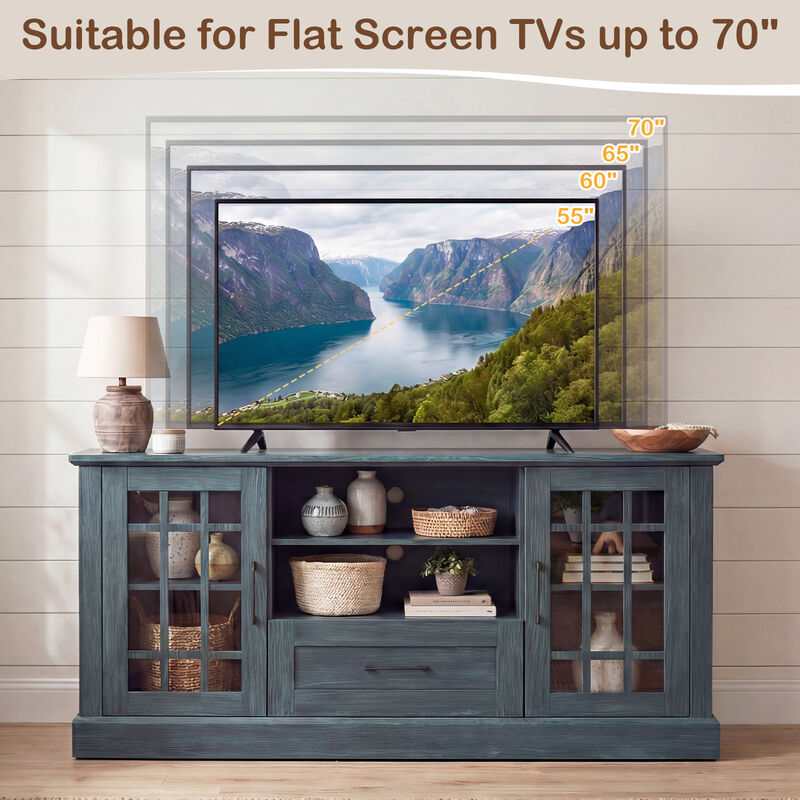 TV Console Stand with Glass Doors, Cubbies, and Storage Drawer image number 4
