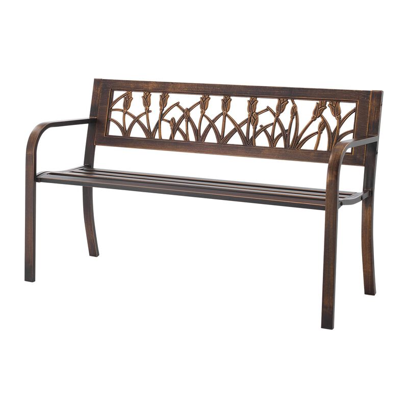 Antique Bronze Outdoor Bench with Floral Pattern, Metal Patio Garden Seating image number 0