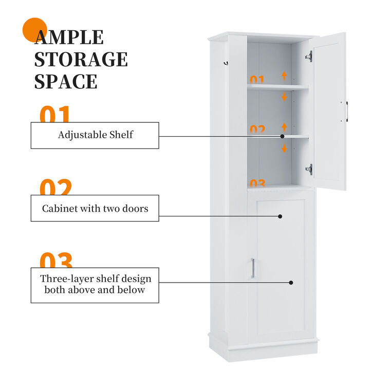 Whisen Tall Bathroom Storage Cabinet, Freestanding Storage Cabinet with Hooks and Adjustable Shelves