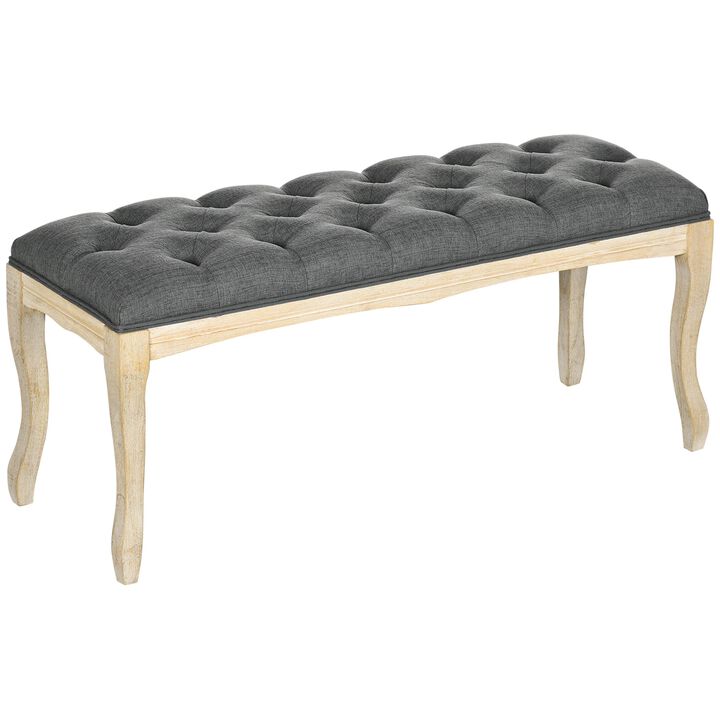 43" Upholstered Entryway Bench, Linen Fabric Ottoman Stool with Button Tufted Seat, and Rubber Wood Legs for Living Room, Bedroom, Dark Grey