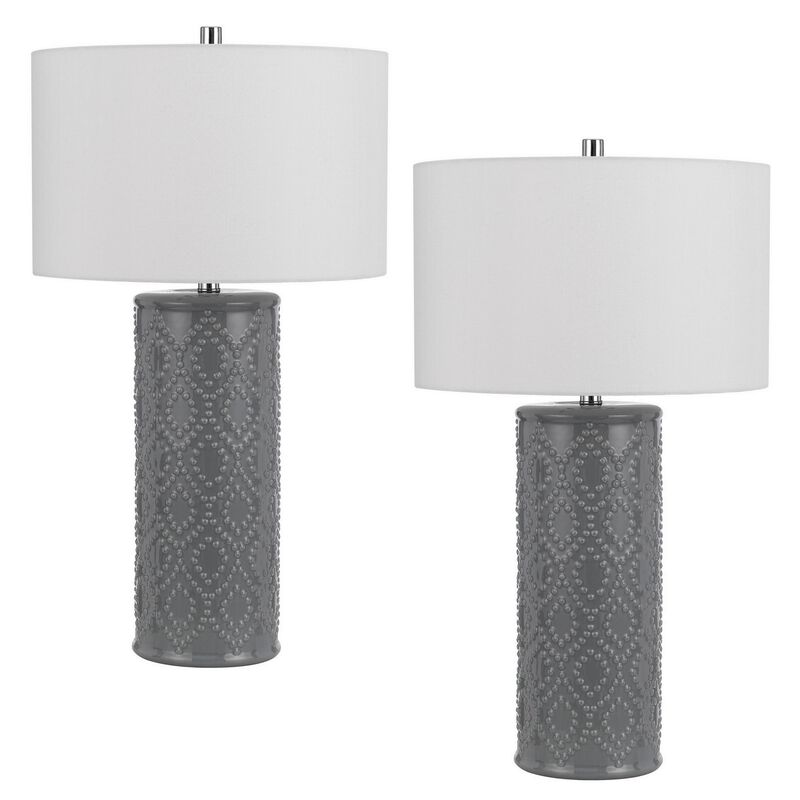 29 Inch Accent Table Lamp Set of 2, Tall Cylinder, Ball Finial Accent, Gray-Benzara image number 1