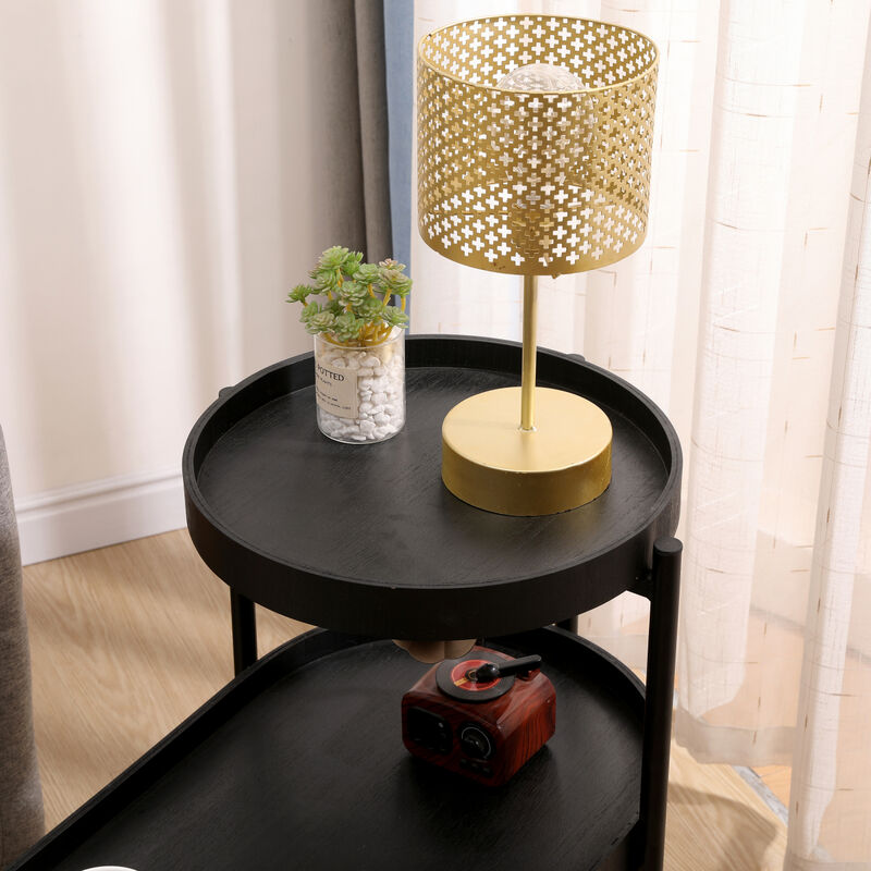 2-Tier Black Side Table with Storage Sofa Table for Living Room Metal Frame & Wooden Desk End Table