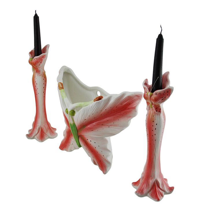 3 PC Pink Tiger Lily Flower Candle Holder And Butterfly Vase Set