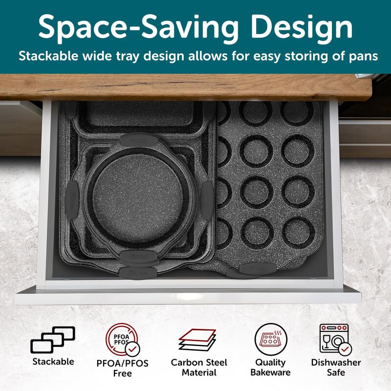 BAKKEN Kitchen Baking Pan Set - Nonstick Coating, Carbon Steel Bakeware Sets with Silicone Handles, Baking Kitchen Essentials, PFOA, PFOS, PTFE Free, Oven Safe Tray (Up To 450&deg; F), Set of 10