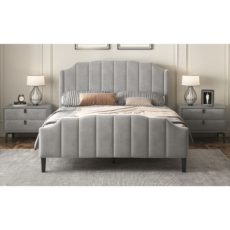 Queen Size Upholstered Platform Bed with Headboard and Footboard, No Box Spring Needed, Velvet Fabric, Gray