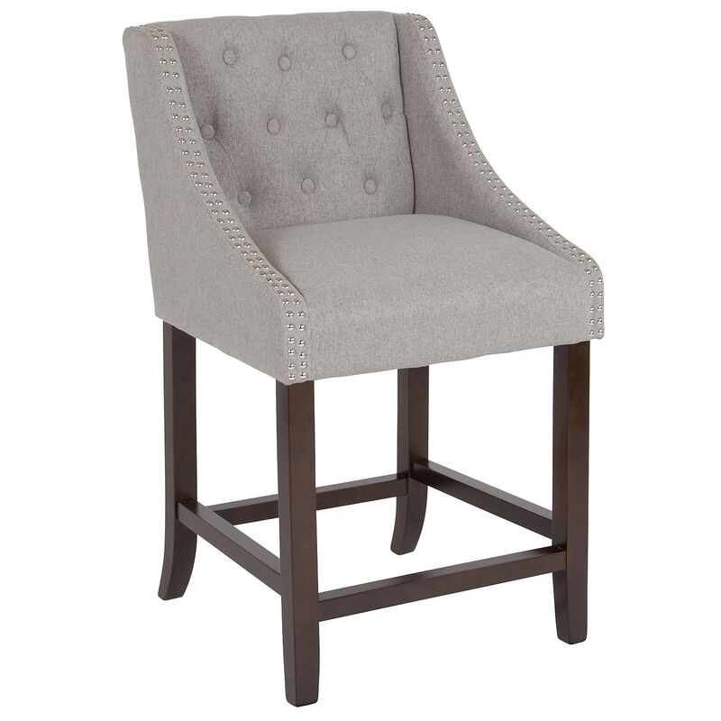 Flash Furniture Carmel Series 24" High Transitional Tufted Walnut Counter Height Stool with Accent Nail Trim in Light Gray Fabric