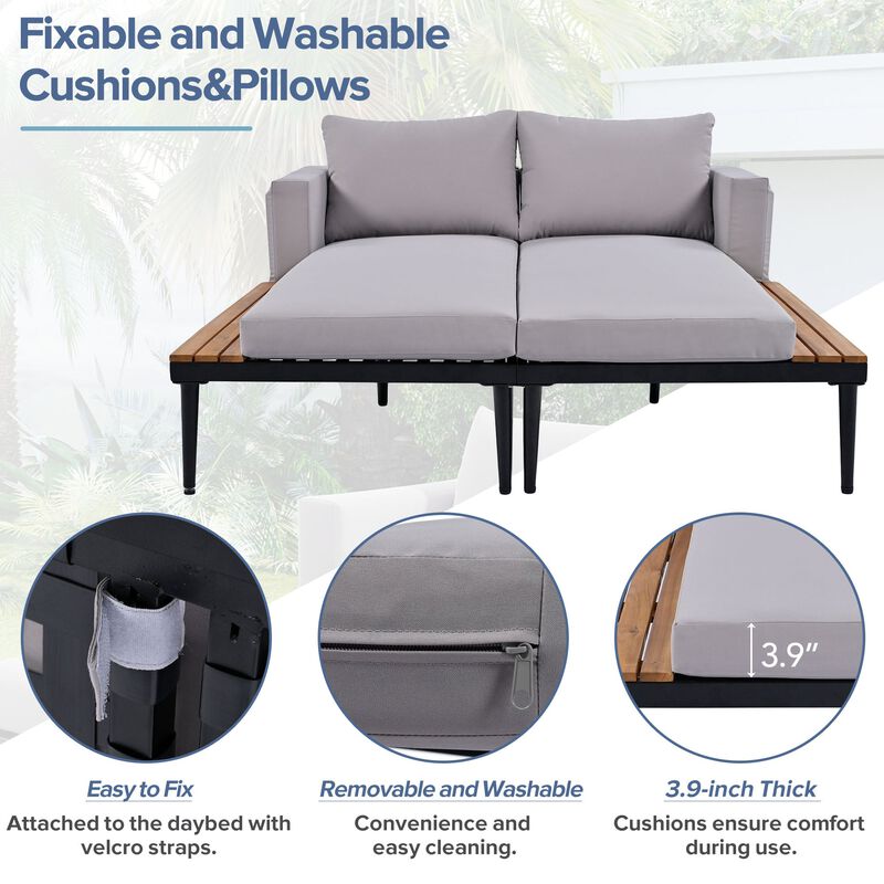 2-in-1 Outdoor Sofa Daybed for Poolside/Balcony, Wood-Topped Side Spaces & Padded Lounges