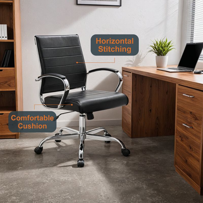 LeisureMod Benmar Mid-Back Office Chair, Leather Upholstery with Swivel, Tilt, and Chrome Base, Modern Desk Seating for Home Office or Conference Room