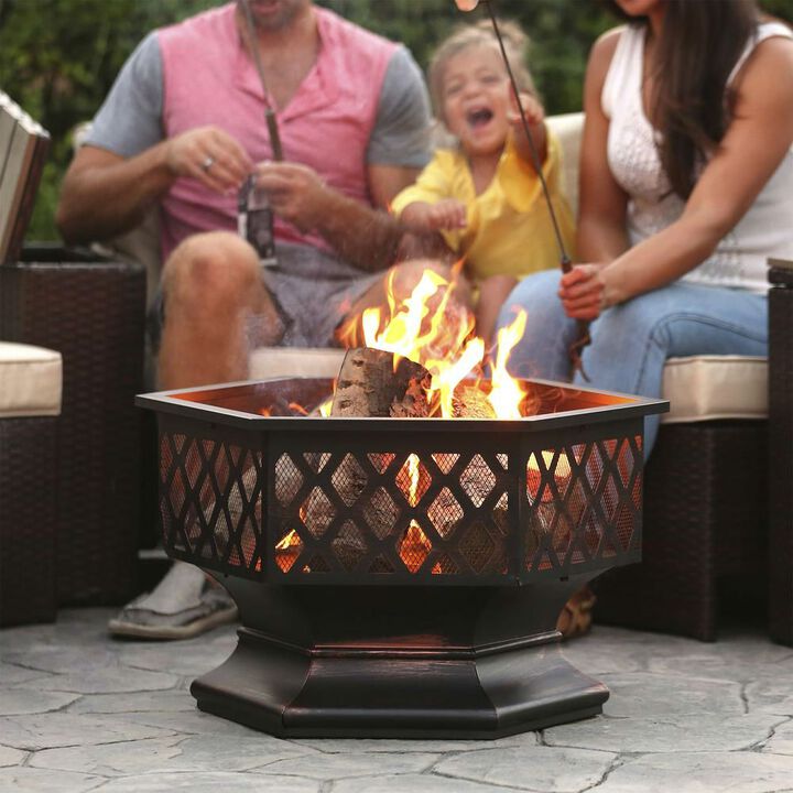 QuikFurn 24 Inch Steel Distressed Bronze Lattice Design Fire Pit With Cover