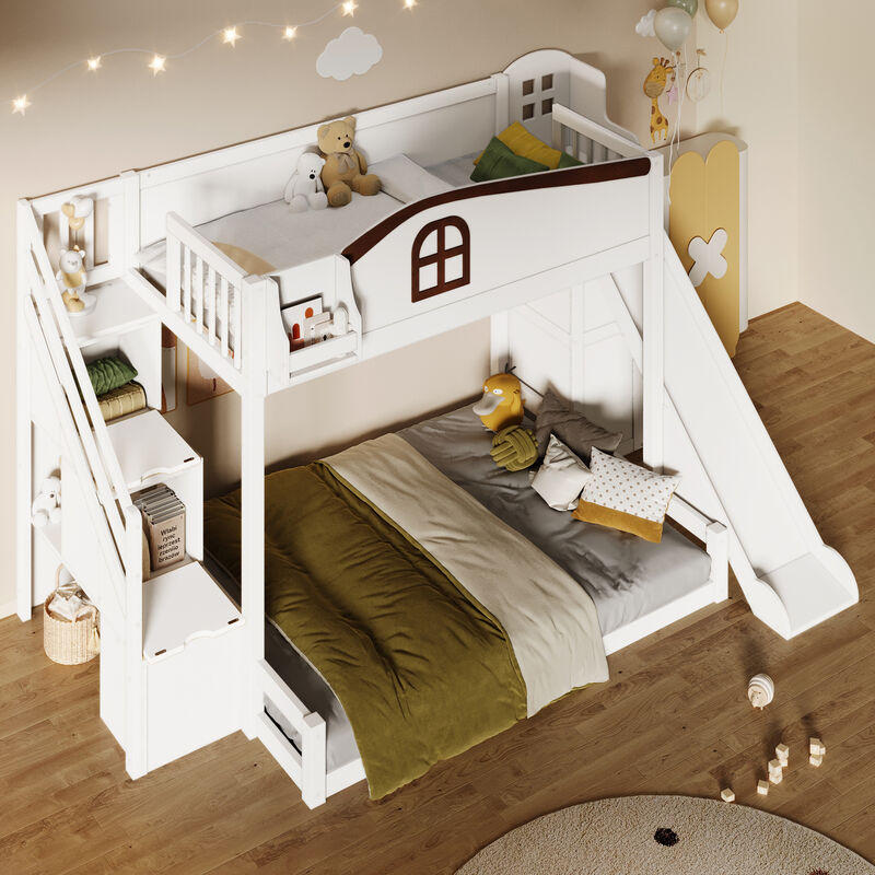 Merax Twin over Full Bunk Bed with Storage Staircase, Shelf, Slide & Wardrobe image number 2