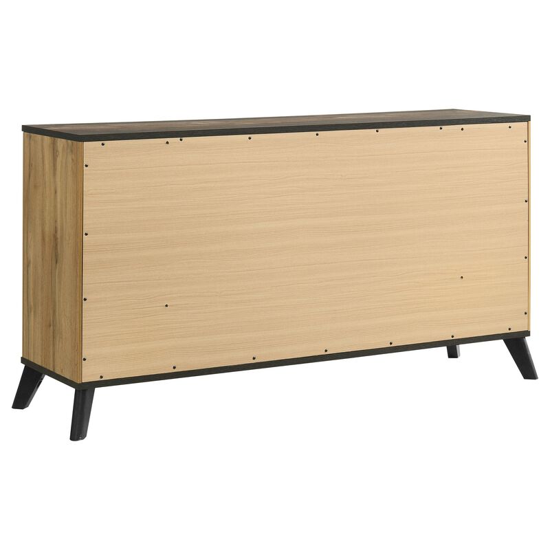 Wemy Wide Dresser w 6 Drawers, Metal Legs, Weathered Brown Pine Wood - Benzara