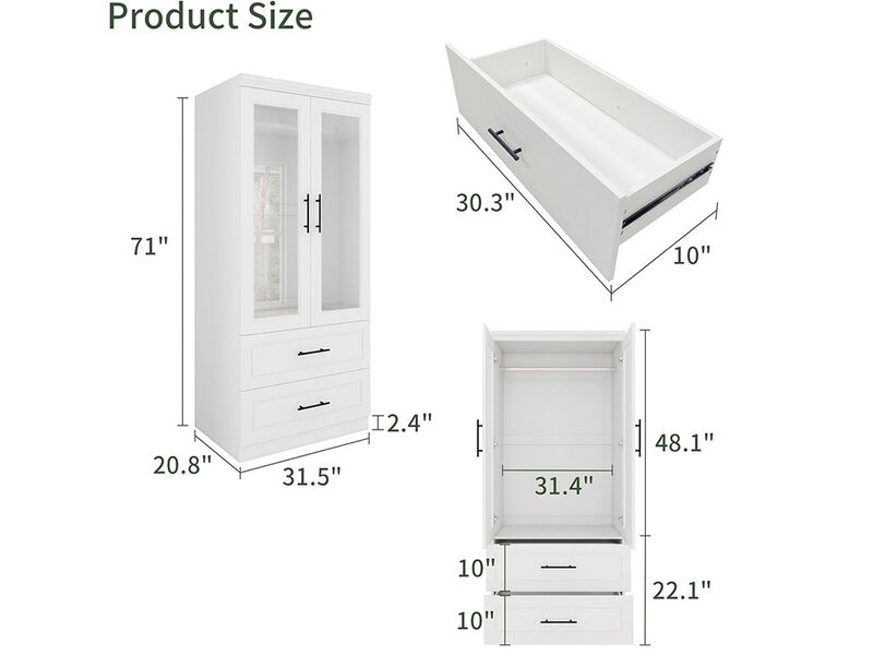Tall Armoire Wardrobe Closet, Bedroom Armoires with Mirror, Wardrobe Cabinet with Drawers, Hanging Rod and Storage Cabinet ,White for Bedroom