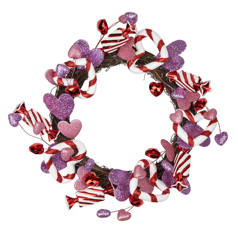 Pink and Purple Candies and Hearts Valentine's Day Wreath  16-Inch  Unlit