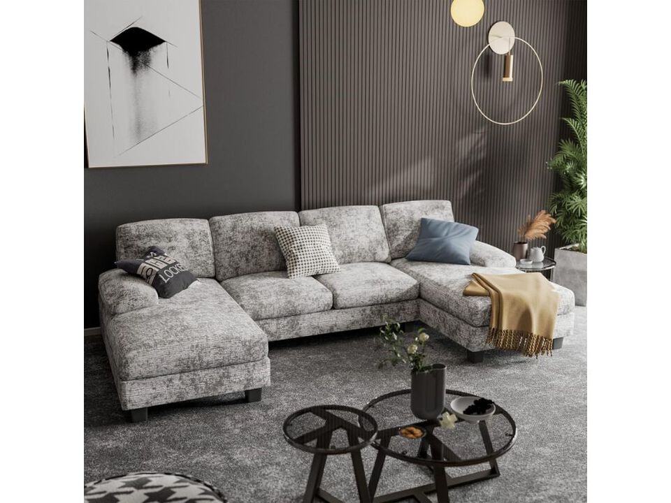 Convertible Sectional Sofa 4 Seat U Shaped Modular Sleeper with Double Chaise Grey