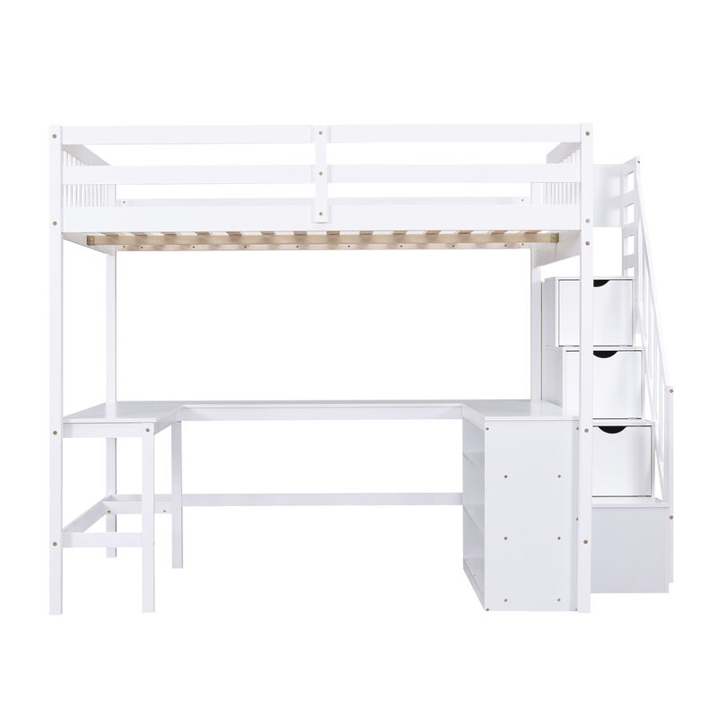 Merax Full Size Loft Bed with Built-in L-Shaped Desk and Three-Tier Storage Shelves