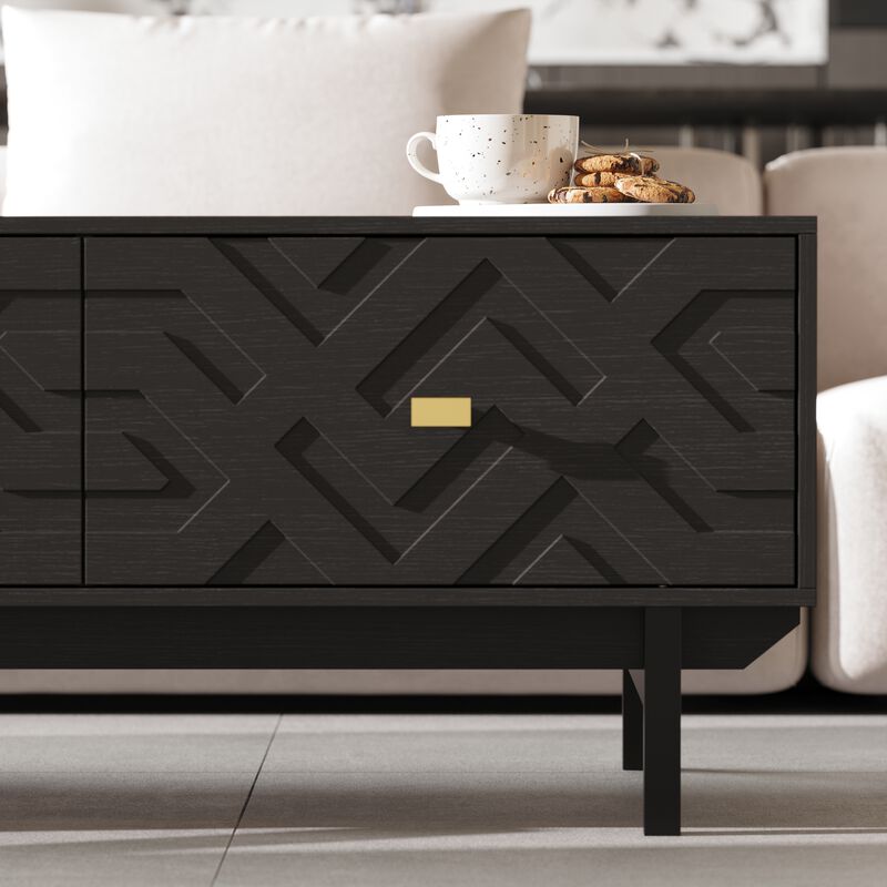 FUFU&GAGA Black Modern Coffee Table with 4-Drawer Storage, Wood Grain Top, 3D Textured Drawers, Gold Tapered Pulls (47.2" W x 23.6" D x 20.5" H)
