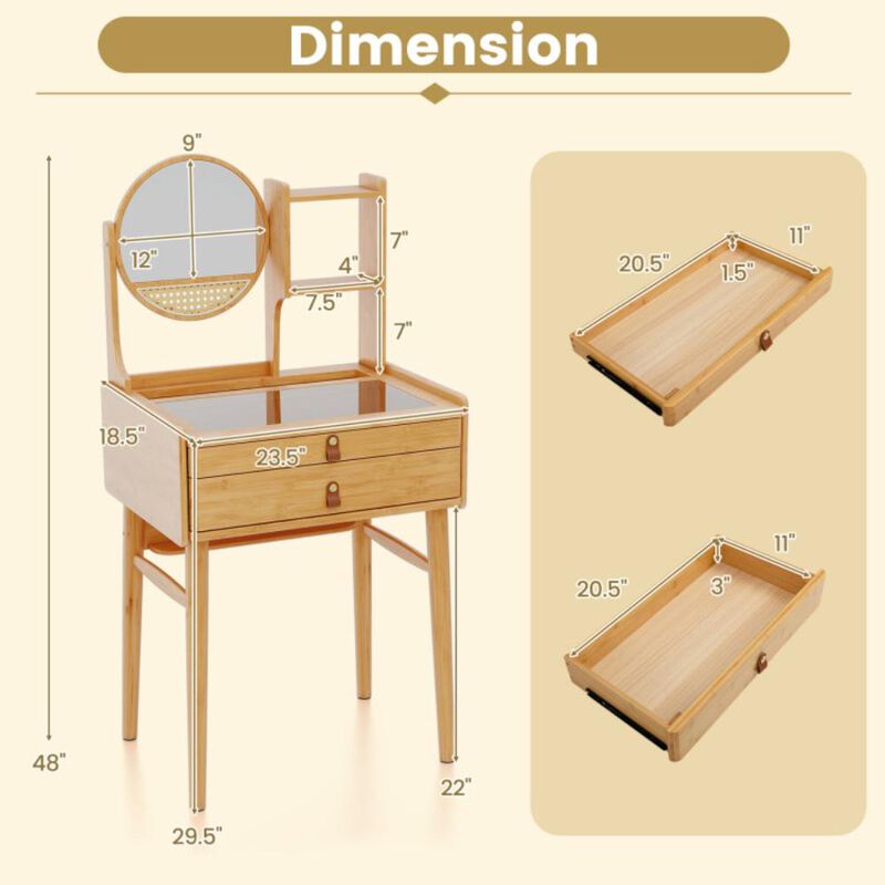 Hivvago Small Vanity Desk and Stool Set with Mirror and 2 Drawers