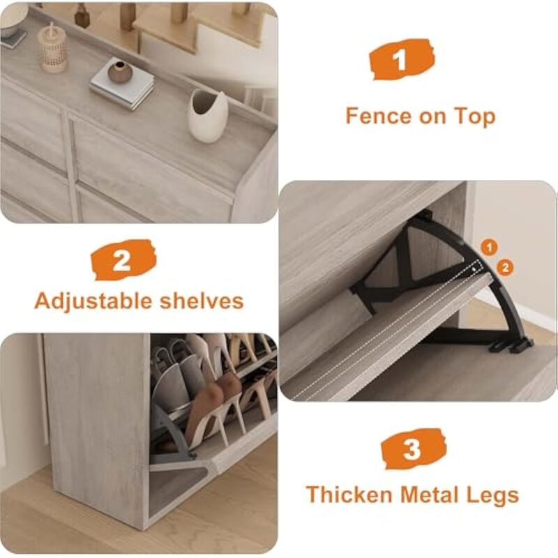Slim Entryway Wood Shoe Storage Cabinet Flip Drawer Adjustable Shelves Gray image number 3