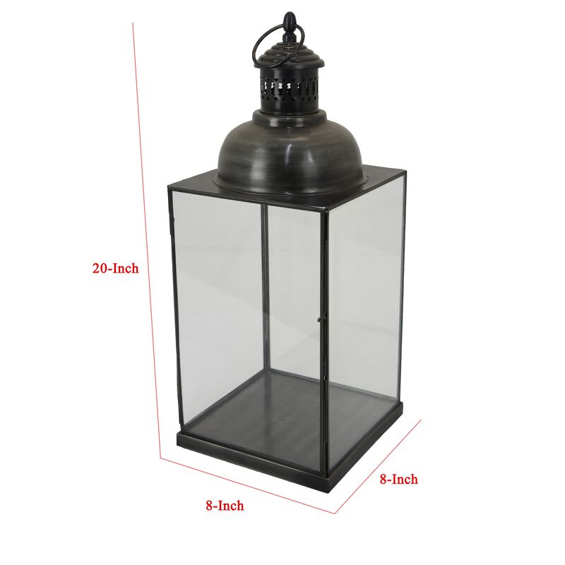 Laila Lantern, Black Metal, Glass Panels, Square Base, 20 Inch Tall - Benzara