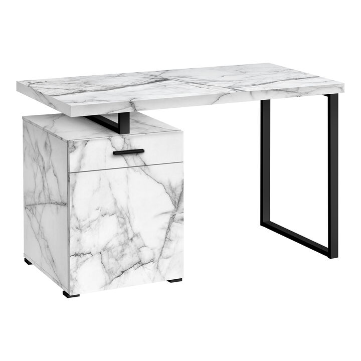 Monarch Specialties I 7762 Computer Desk, Home Office, Laptop, Left, Right Set-up, Storage Drawers, 48"L, Work, Metal, Laminate, White Marble Look, Black, Contemporary, Modern