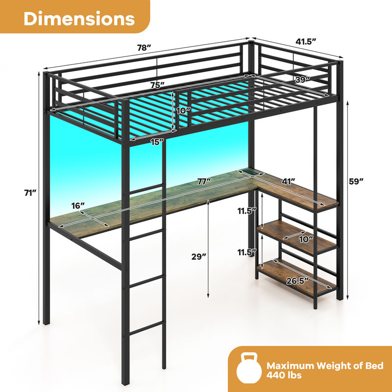 Loft Bed Raised Platform Bed with Desk and 2 Storage Shelves