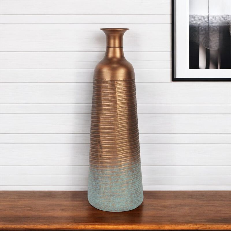 HomeRoots 24" Copper And Teal Abstract Tapered Metal Table Vase image number 1
