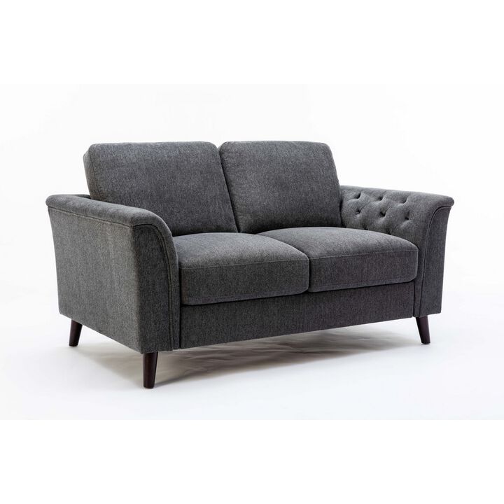 Sen 61 Inch Plush Loveseat with Tufted Arms, Padded, Gray Linen, Solid Wood - Benzara