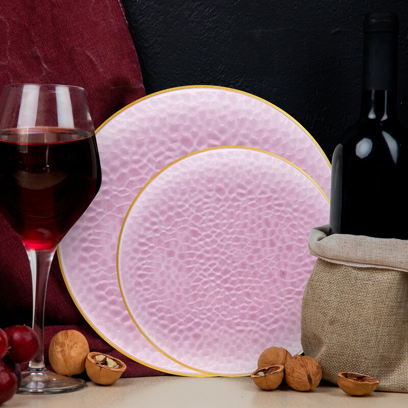 Clear Pink with Gold Rim Hammered Glass Plastic Dinnerware Value Set (60 Sets) image number 8
