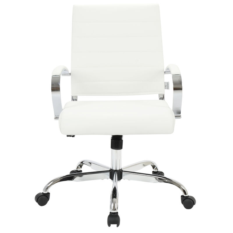 LeisureMod Benmar Mid-Back Office Chair, Leather Upholstery with Swivel, Tilt, and Chrome Base, Modern Desk Seating for Home Office or Conference Room