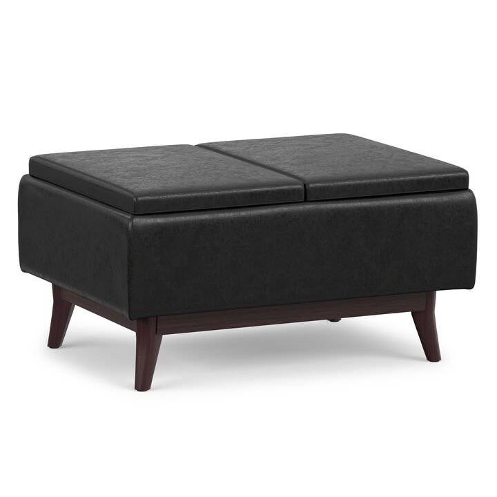Owen 34 inch Wide Mid Century Modern Rectangle Tray Top Small Coffee Table Storage Ottoman in Distressed Black Vegan Faux Leather, Assembled