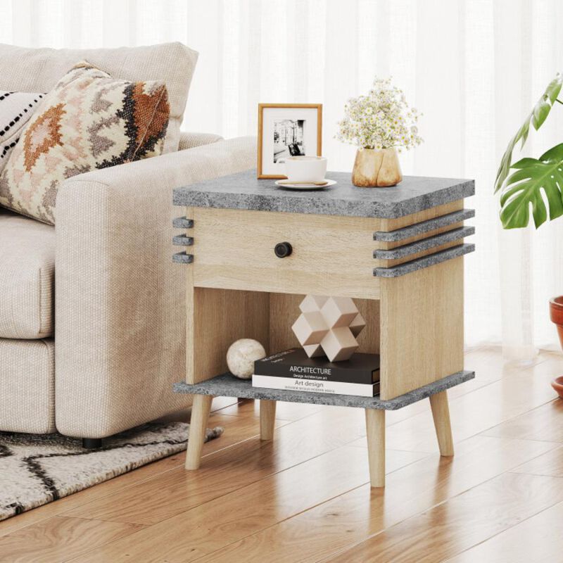 Hivvago 3-Tier Bedside Table Nightstand with Antique Grey Faux Marble Top