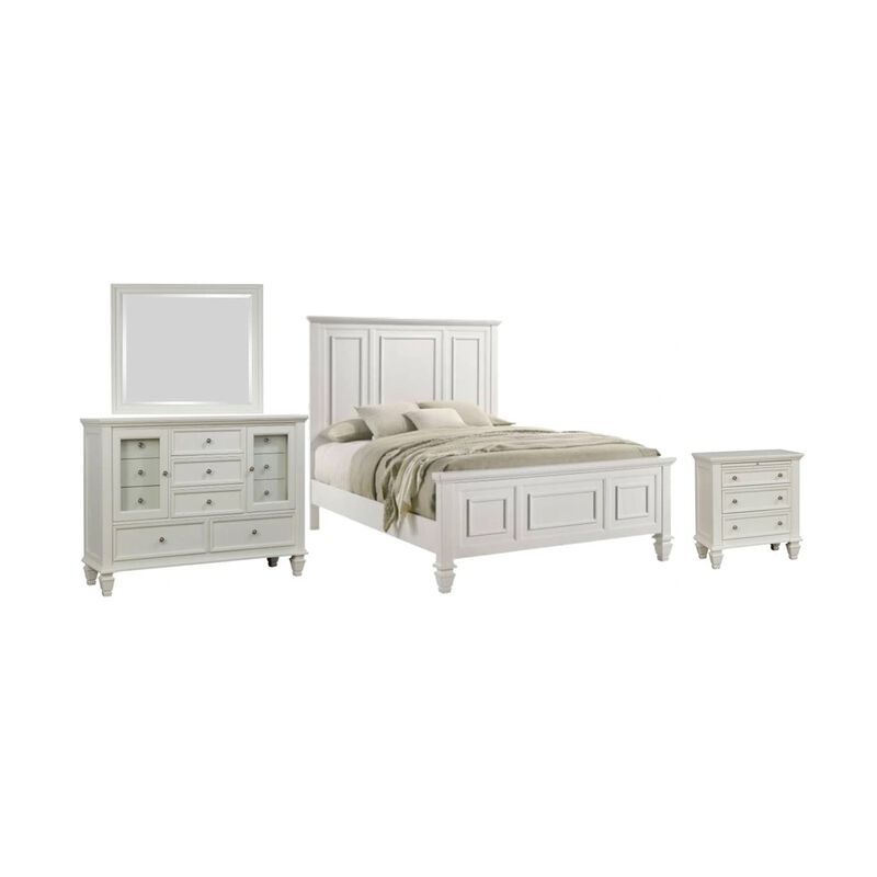 Lila 4 Piece King Bed Set, White Wood Panel Headboard, Vanity Dresser