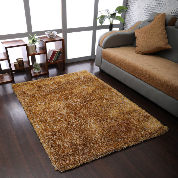 RUGSOTIC CARPETS HAND TUFTED SHAG POLYESTER ECO-FRIENDLY AREA RUGS  - 8'x10', Rectangle, Gold , Solid Plain Design, High Pile Thick Handmade Anti Skid Area Rugs for Living Room, Bed Room K00111
