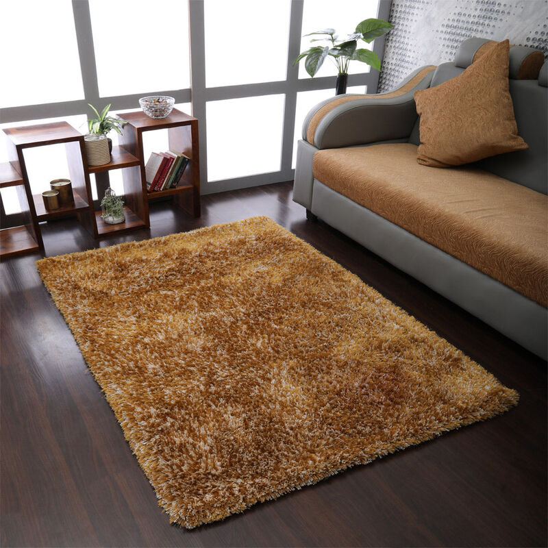 RUGSOTIC CARPETS HAND TUFTED SHAG POLYESTER ECO-FRIENDLY AREA RUGS  - 8'x10', Rectangle, Gold , Solid Plain Design, High Pile Thick Handmade Anti Skid Area Rugs for Living Room, Bed Room K00111 image number 1