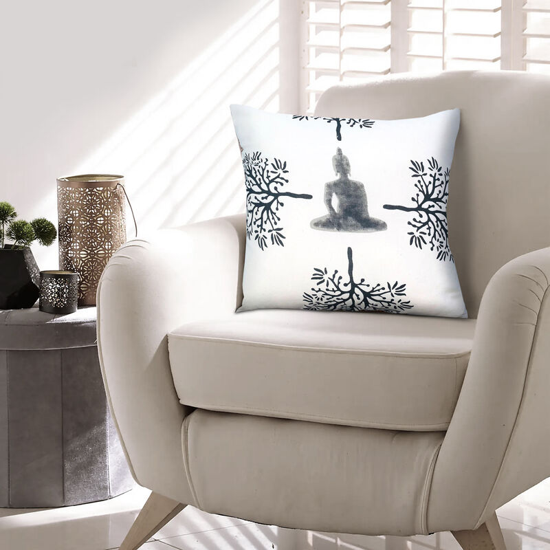 18 x 18 Square Accent Throw Pillows, Meditating Buddha, Polyester Filling, Set of 2, Gray, White - Benzara