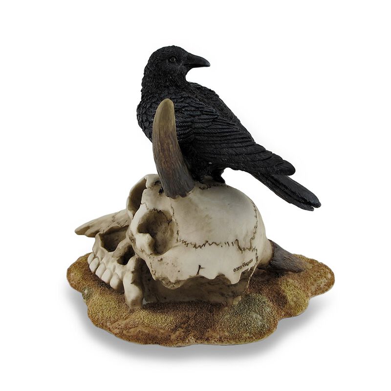 Black Crow Perched On Longhorn Skull Sculptural Figurine image number 2