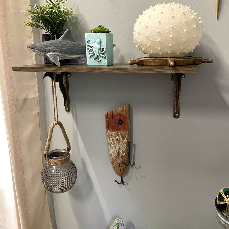Rustic Wooden Fishing Lure Wall Hook &ndash; Distressed Wood & Metal Double Hooks, 14 Inch Coastal Nautical Decor, Entryway Key Hat Leash Holder, Cabin Lake House Farmhouse Wall Mounted Organizer image number 7